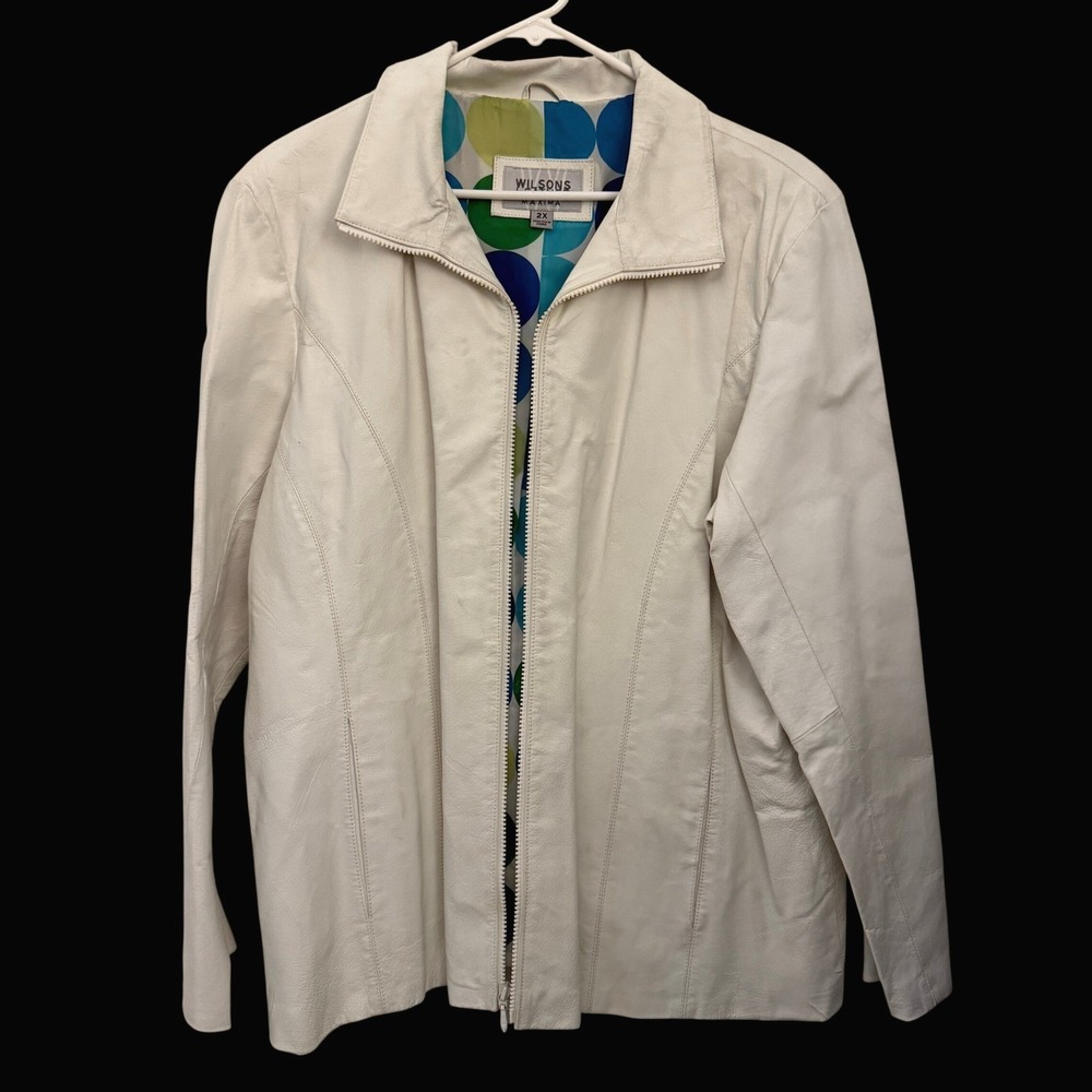 Wilsons Leather Maxima Jacket Womens 2X Cream Excellent Zip Polka Dot Lining